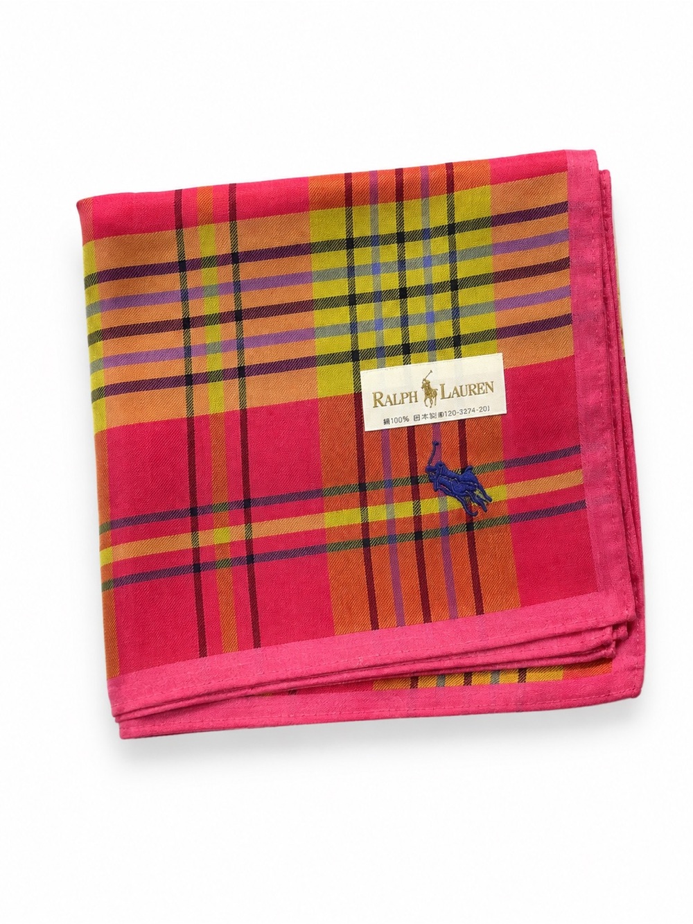 Ralph Lauren 100% Silk Plaid Square Scarf Pink Multicolor Pony Logo